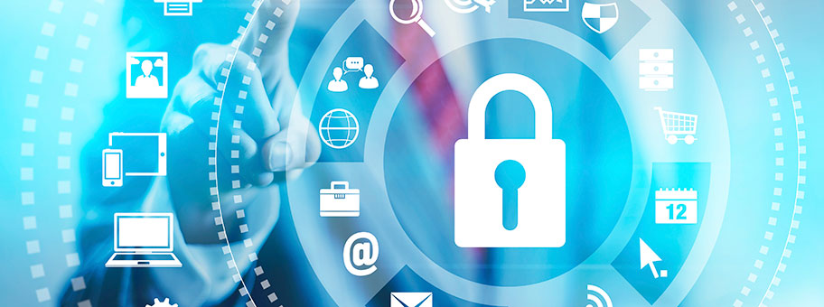 Blue graphic with many computer related icons. A large lock icon dominates the middle of the image.